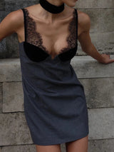Grey Lace Patchwork Velvet Dress Women's Chic Sleeveless Off Shoulder High Waist Slim Mini Dresses 2025 Lady Evening Party Gown