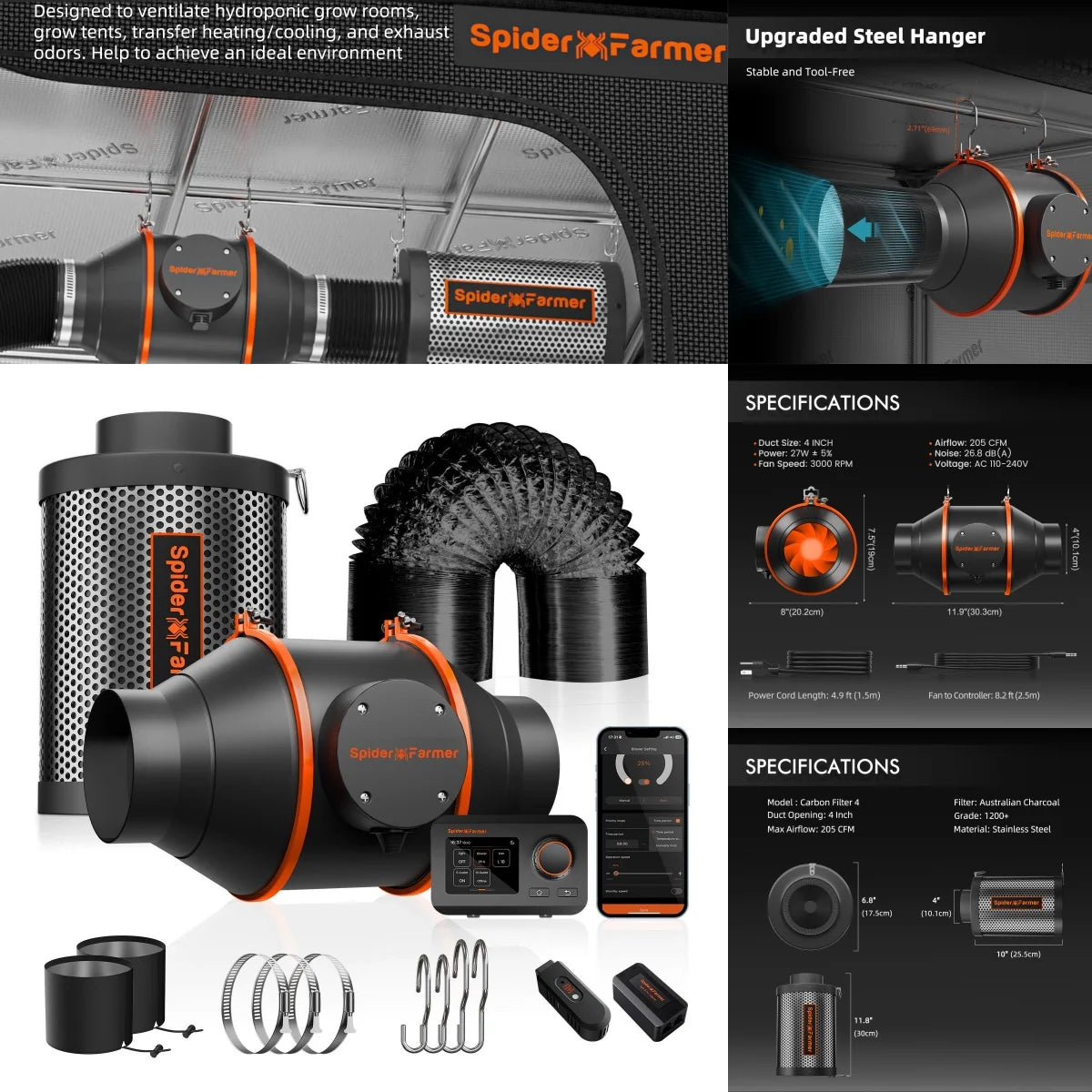 2026 Update Spider Farmer 70x70x160cm Smart Grow Tent Kit w/GGS+SF1000 Full Spectrum LED+6” Clip Fan+4” Ventilation System