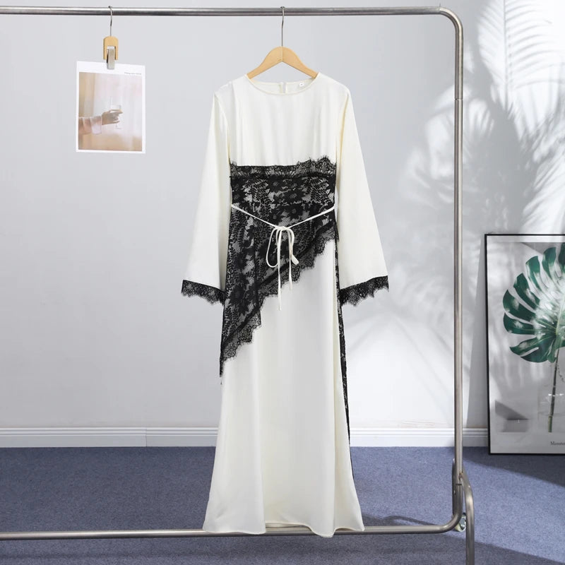 Elegant Women's Dress Full Sleeve Lace Patchwork Solid Straight Loose Female Dresses 2026 Spring Summer Casual Fashion Lady Robe