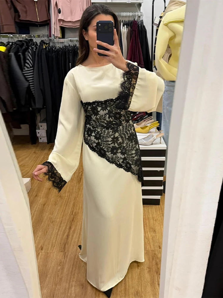 Elegant Women's Dress Full Sleeve Lace Patchwork Solid Straight Loose Female Dresses 2026 Spring Summer Casual Fashion Lady Robe