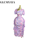 GLCMYAYA Women Tie Dye Printed Skew Neck Ruched Stacked Bodycon Midi Maxi Long Dress 2025 Vacation Holiday Sexy Vestidos Dresses