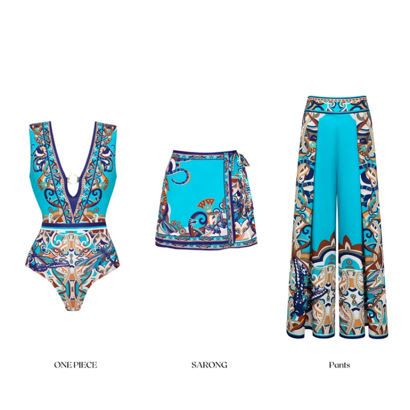 Flaxmaker One Piece Swimsuit and Pants Summer Vintage Swimwear Sexy Butterfly and Dragonfly V-neck Hollow Print Beachwear