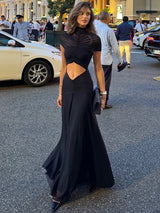 Mozision Hollow Out Short Sleeve Sexy Maxi Dress Women Fashion O Neck Ruched High Waist Bodycon Club Party Long Dress Female
