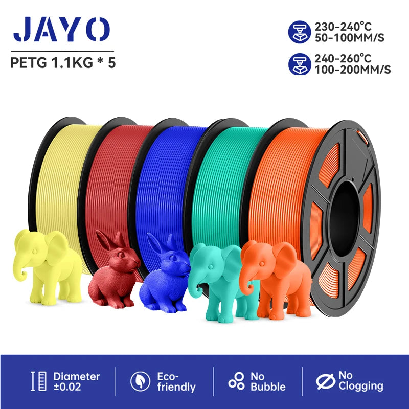 JAYO 3D Printer Filament  PETG PLA HSMPETG PLA PLUS 1.75mm 5Rolls 3D Printing Materials for 100% No Bubble &FDM 3D Pen DIY Gift