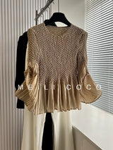 YUDX Pleated Heavy Embroidery Flared Sleeves Solid Color Design T-shirt Breathable and Comfortable 2024 Fall New
