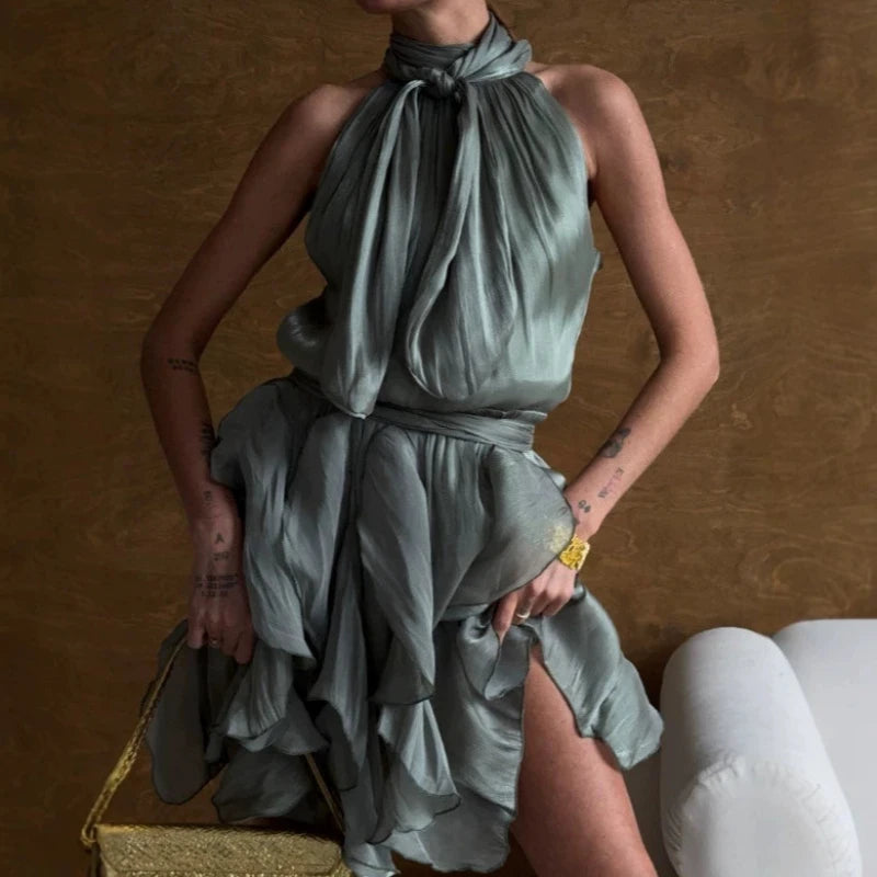 Sexy Cascading Ruffle Pleated Women's Mini Dress Fashion Lace Up Sleeveless Empire Female Dresses 2026 Spring Summer Lady