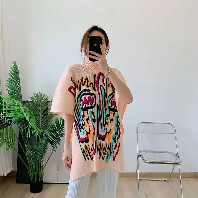 LANMREM Pleated Turtleneck Short Sleeves Women's Printing Long T-shirt Loose Casual Shawl Top Summer New Female Fashion 2DB8242