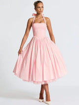 Mozision Halter Backless A-line Club Midi Dress Women Fashion Elegant Square Collar Sleeveless High Waist Party Pleated Dress