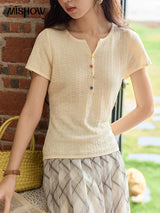 MISHOW Short Sleeved Knitted T-shirt for Women Summer 2025 Twisted Design Dopamine Button Tees Slim Breathable Top MXE34Z1243