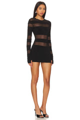Women's Patchwork Sheer Mesh Stripe Mini Dress, Long Sleeve, Sexy, See Through, Slim, Warm Hip, Short, Partywear, New Arrival