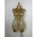 Stock Nightclub Singer Dance Stage Costume Evening Gowns Women Sexy Stretch Mesh Sparkly Rhinestone Tassels Mini Dress