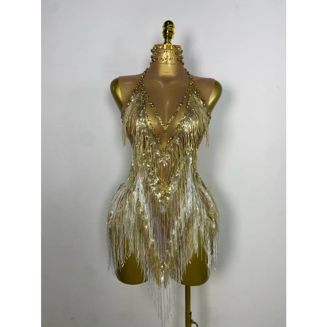 Stock Nightclub Singer Dance Stage Costume Evening Gowns Women Sexy Stretch Mesh Sparkly Rhinestone Tassels Mini Dress