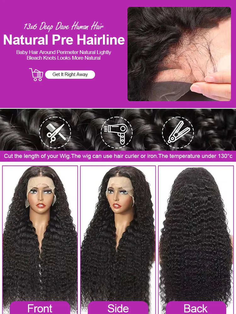 40 46 Inch Water Wave Curly Lace Front Wig 13x6 HD Deep Wave Lace Frontal Wig 300% Density Glueless Human Hair Wig For Women