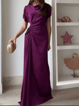 Casual O-neck Draped Gowns Dress Elegant Hight Waist Slim Fit Evening Dress Vestidos Women Fashion Temperament Solid Long Dress
