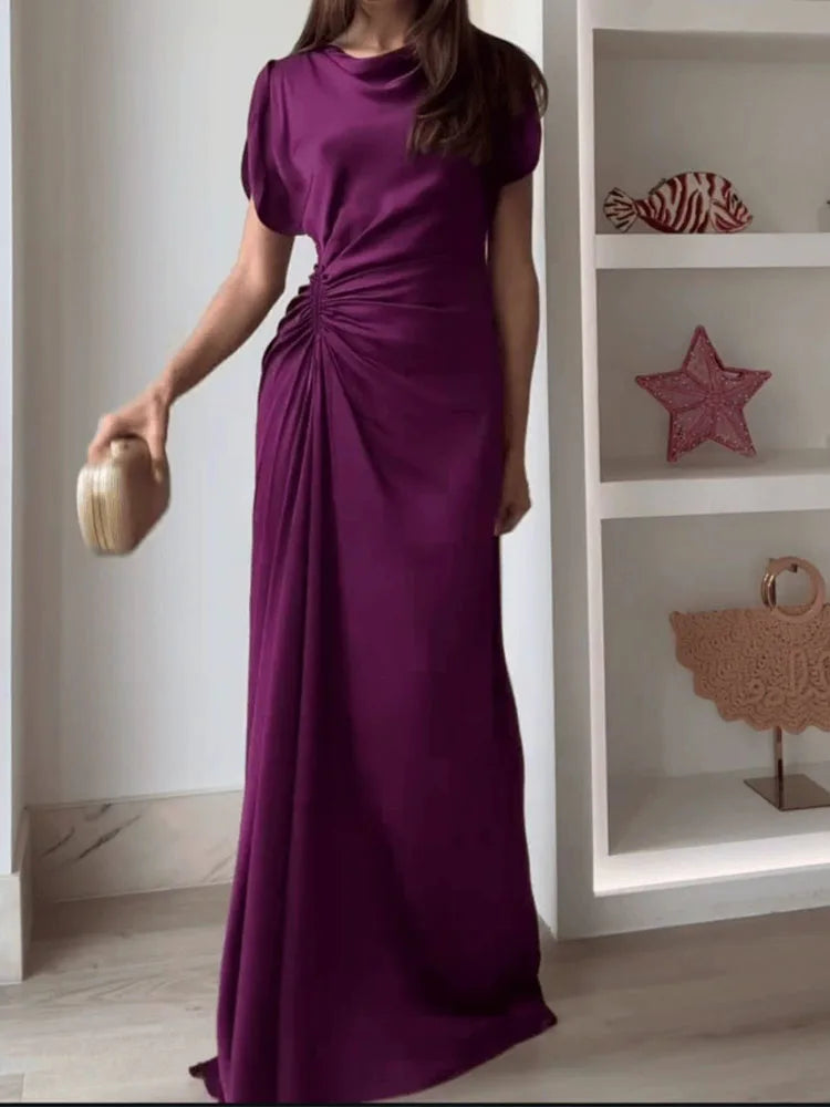 Casual O-neck Draped Gowns Dress Elegant Hight Waist Slim Fit Evening Dress Vestidos Women Fashion Temperament Solid Long Dress