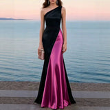 Women Luxury Satin One Shoulder Long Dress Black Red Patchwork Bodycon Mermaid Gown for Birthday Cocktail Wedding Guest Evening