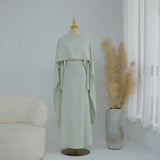 White Pearl Trim Cape Maxi Dress Women Elegant Long Sleeve Cinched Waist Muslim Robes 2026 Spring EID Abaya Lady Dresses