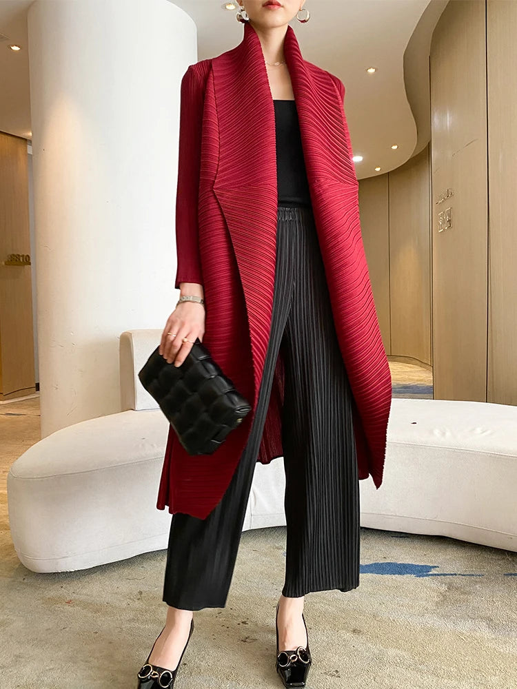 Miyake Pleated Women's Long Jacket 2025 Winter Turn-down Collar Pen Stitch Long Sleeve Windbreaker Loose Oversize Cardigan Coats