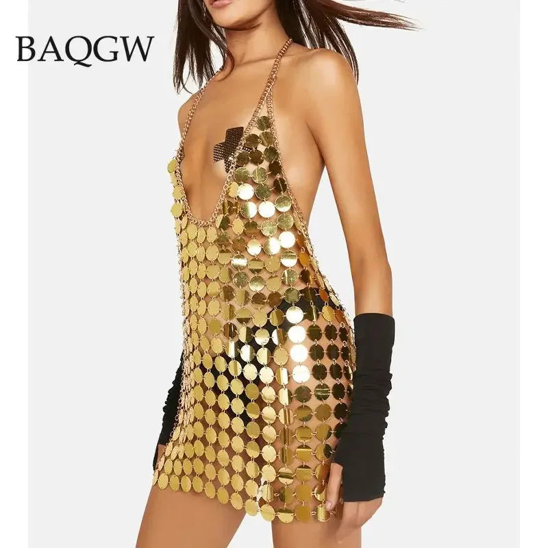 Women Fashion Sleeveless Sexy Backless Glitter Black Gold Chainmail Sequin Patchwork Mini Dresses Diana Silver Disc Dress
