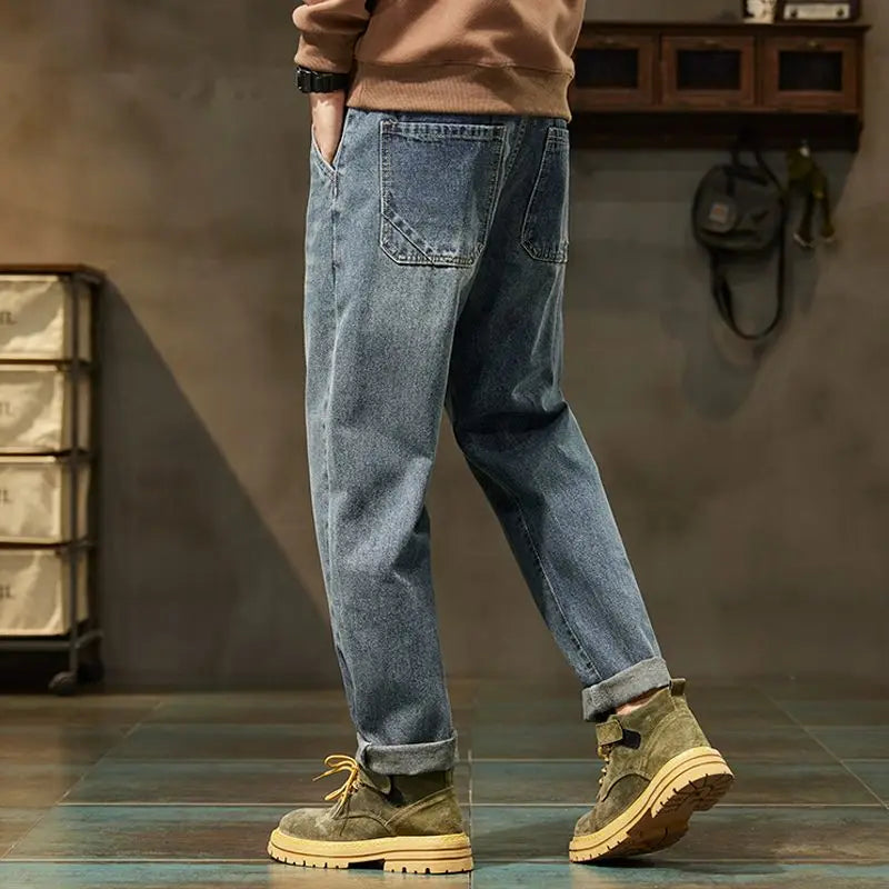 2026 Spring Men's Retro Harem Denim Jeans Loose Fit Harajuku Straight Pants Solid Color Comfortable Versatile Fashion Trousers