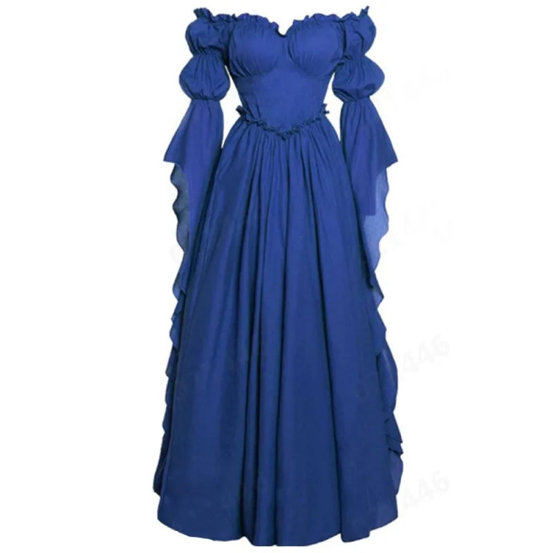 Women's Renaissance Gothic Court Off Shoulder Maxi Dress Vintage Ruffle Hem Medieval Victorian Stage Performance Costume Gown