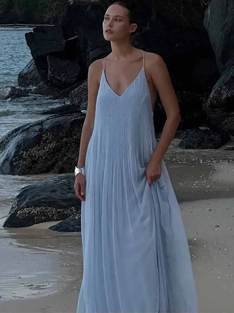 BKQU Spaghetti Strap Blue Pleated Long Dress Women Sexy V Neck Cross Backless Loose A-line Beach Party Elegant Ladies Robe 2025