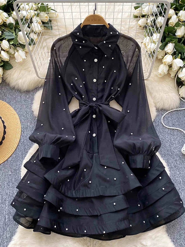 French Diamond Studded Ruffle Edge Dress for Women in Spring Autumn with Straps Long Sleeves Cinching A Fluffy Party Dress C200