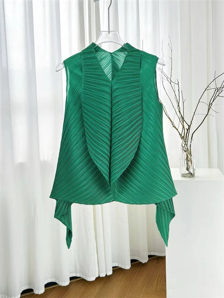 Miyake Pleated High-neck Sleeveless Women Leaf Fold Top