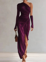 Spring Summer Skew Collar Solid Maxi Dress, Women Holiday Fashion One Shoulder Party Dress, 2026 Elegant Patchwork Ladies Dress