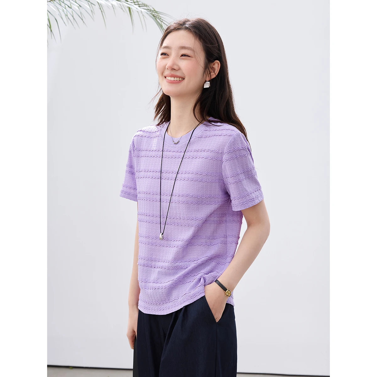 VIMLY Women's Office Short Sleeve T-Shirt 2026 Summer Tee Minimalist Textured Lace Stripe Patch Loose Casual Crew Neck Top A1832