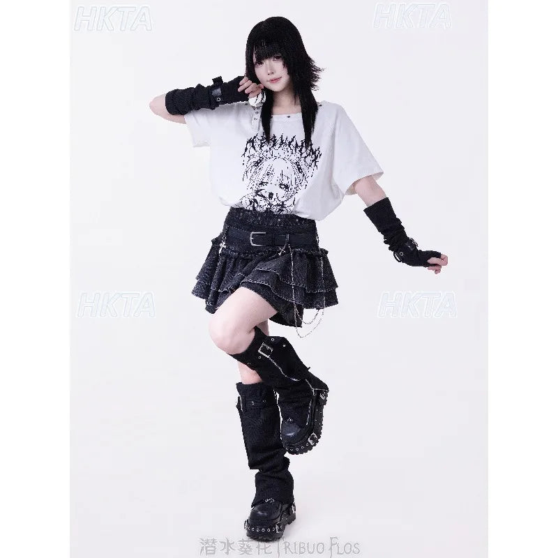 Original Off-shoulder Cami Tshirt Black White Oversized Japanese Subculture Cute Cosplay Women's T-shirts Harajuku Y2k Aesthetic