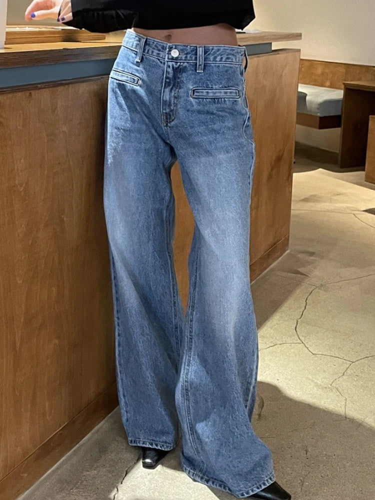 Retro High Waist Slim Fit Blue Jeans Women's Autumn Winter Straight Leg Long Pants Wide Leg Pants Classic Waed Denim