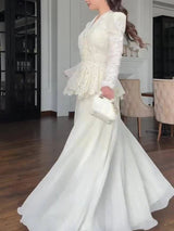 Elegant High Waist Ruffles Banquet Dress Fashion Long Sleeve Women's Party Dresses Sexy White Lace Embroidery Slim Evening Dress