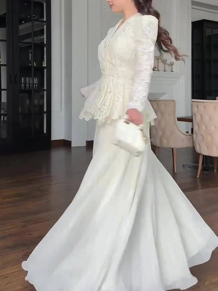 Elegant High Waist Ruffles Banquet Dress Fashion Long Sleeve Women's Party Dresses Sexy White Lace Embroidery Slim Evening Dress