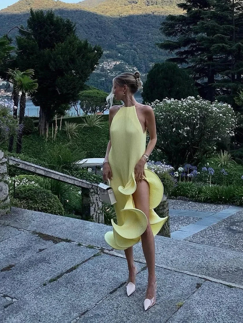 Women Romantic Yellow Halter Maxi Dress Chic Ribbed Knit Ruffled High-slit Slim-fit Vestido 2026 Spring Trendy Fashion Robes