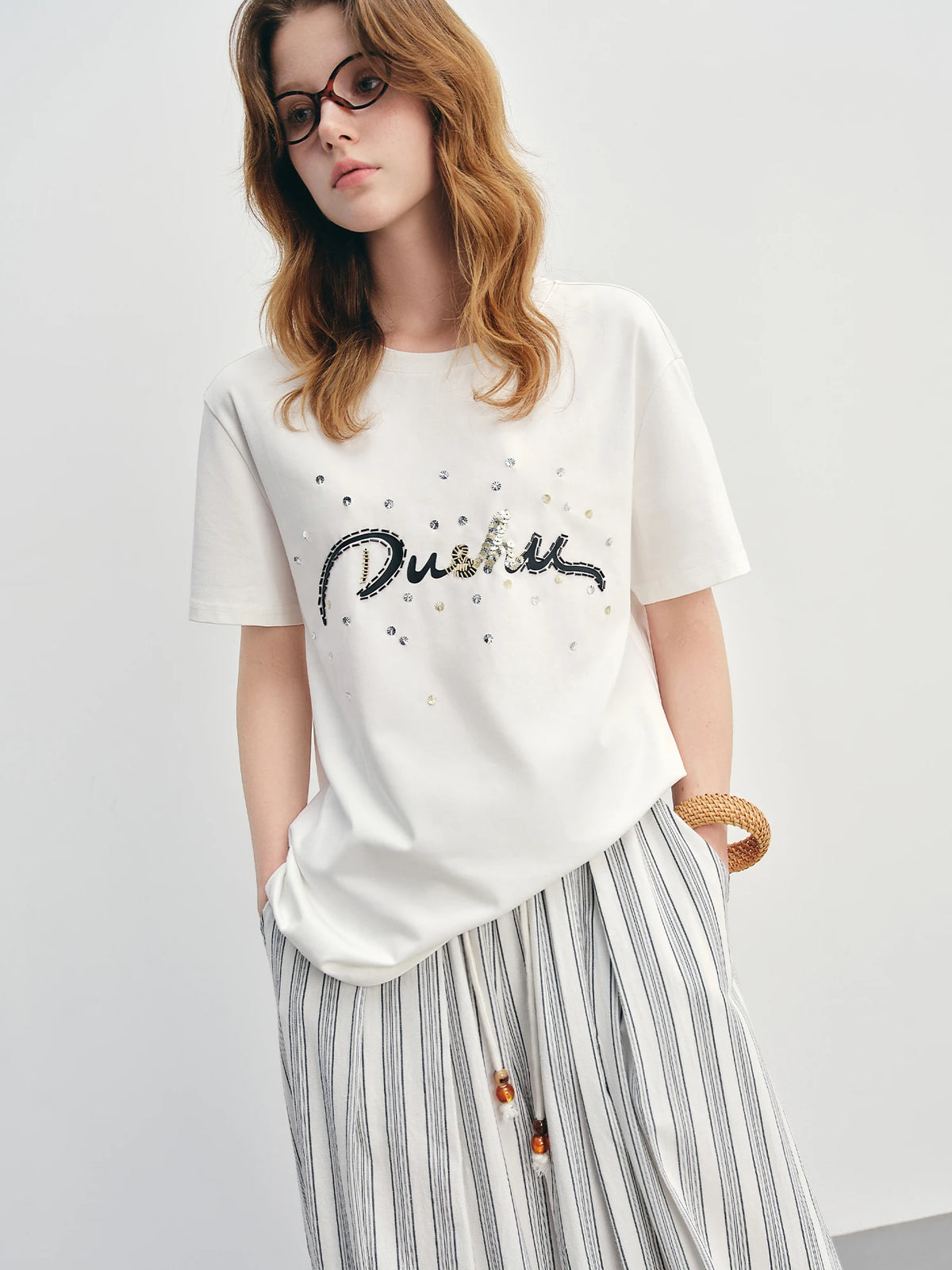 FSLE Summer 2025 Letter Print T-Shirt - Beaded Detail Round Neck Loose Fit Casual Top Women Fashion