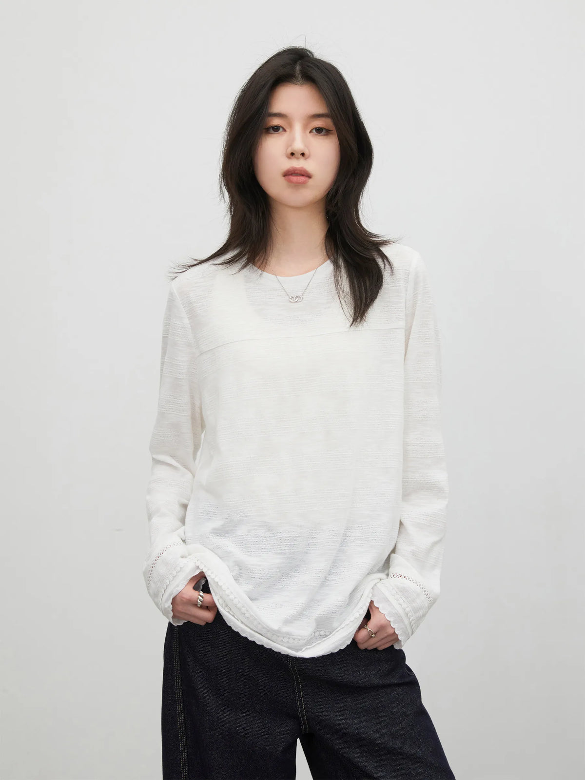 CHIC VEN Women T-Shirts Loose Casual Simple Lace Round Neck Long Sleeve Tees Micro Transparent Female Top Spring Summer 2026