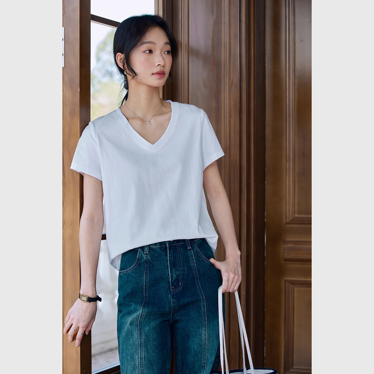 VIMLY Women's Casual V-neck Loose T-Shirt 2026 Summer Short Sleeve Cotton Blend Simple Commute Pullover Versatile Tees Top A0811