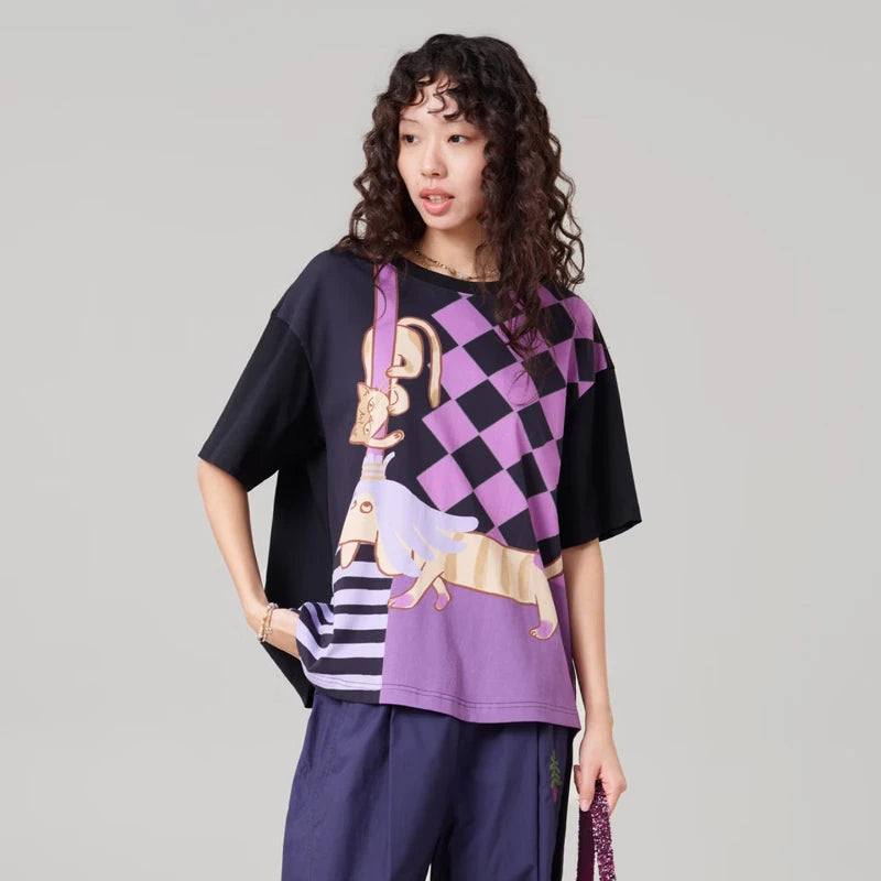 MOVEUP Short Sleeved Round Neck T-Shirt 2026 Summer New Pure Cotton Checkerboard Stripe Pattern Animal Print Tee Women 3ELX10516