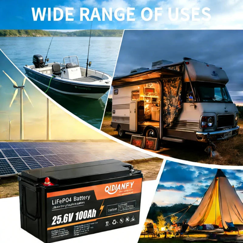 Qidianfy 25.6V 100/200Ah LiFePO4 Lithium Iron Phosphate Battery Built-in 100A BMS 2560Wh Capacity RV Solar Off-grid Storage Fishing