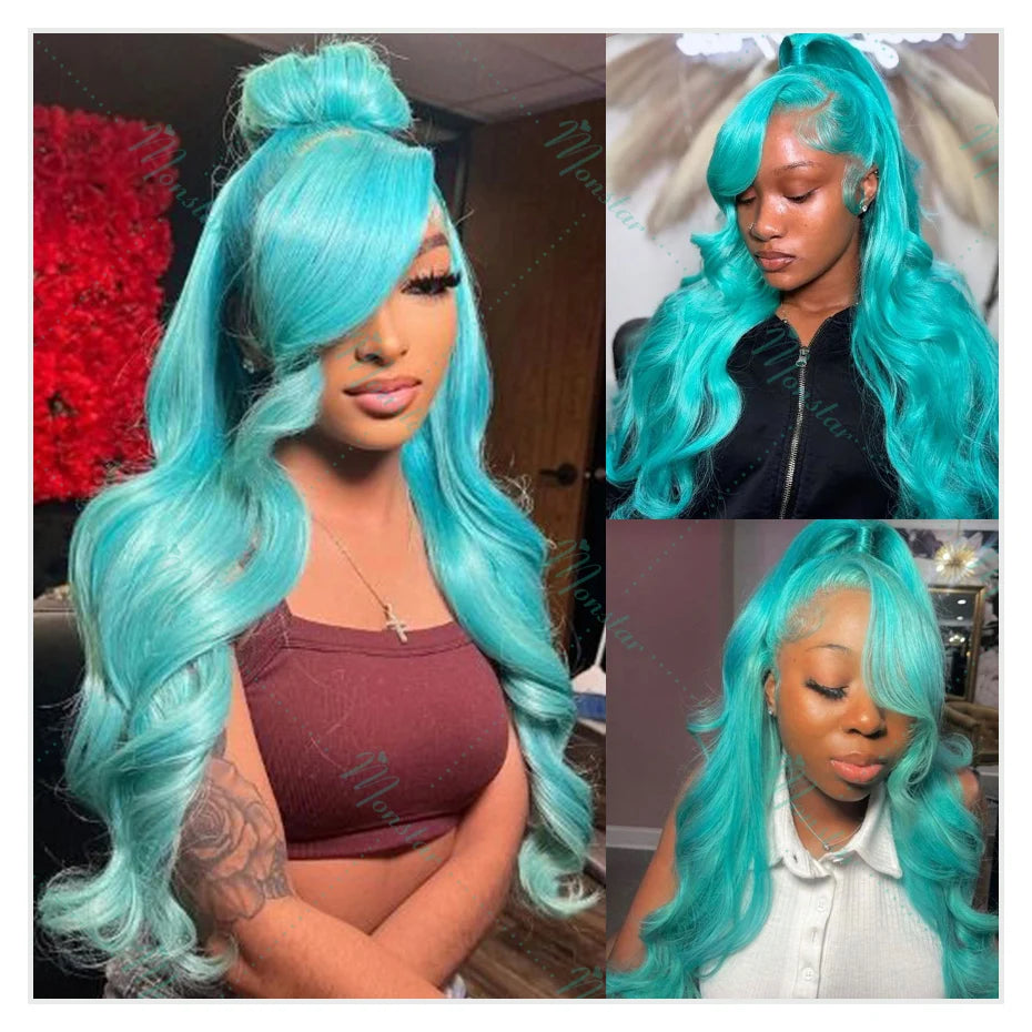 Teal Color Human Hair Wig Brazilian Remy Body Wave Lace Front Wig Pre Plucked Cyan Green 13x6 Hd Lace Frontal Wigs For Women 30"