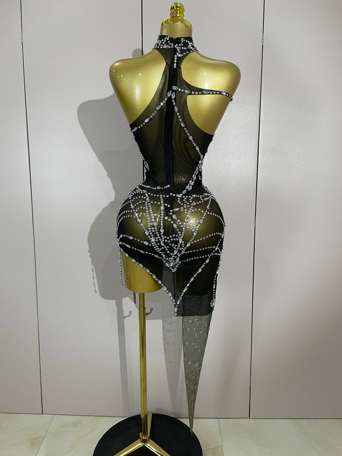 STOCK Sparkly Diamond Sexy Mesh Asymmetric Bodycon Mini Dress Women Nightclub Bar Party Show Gogo Dancer Clothing Stage Costume