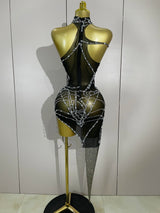 STOCK Sparkly Diamond Sexy Mesh Asymmetric Bodycon Mini Dress Women Nightclub Bar Party Show Gogo Dancer Clothing Stage Costume