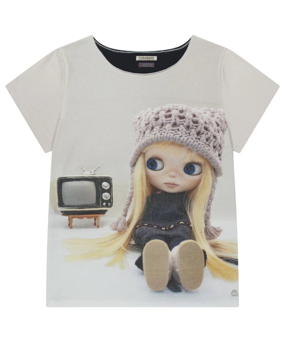 26SS Early Spring COYSEIO Collaboration Series Big Eye Doll Print Large Neckline One Shoulder Short Sleeve T-shirt