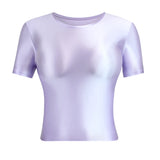 MJINM Women Oil Glossy Silky Smooth Short-sleeve Bottoming Shirt Strech Tight Soild Color Casual Yoga Sports Home Short T-shirt