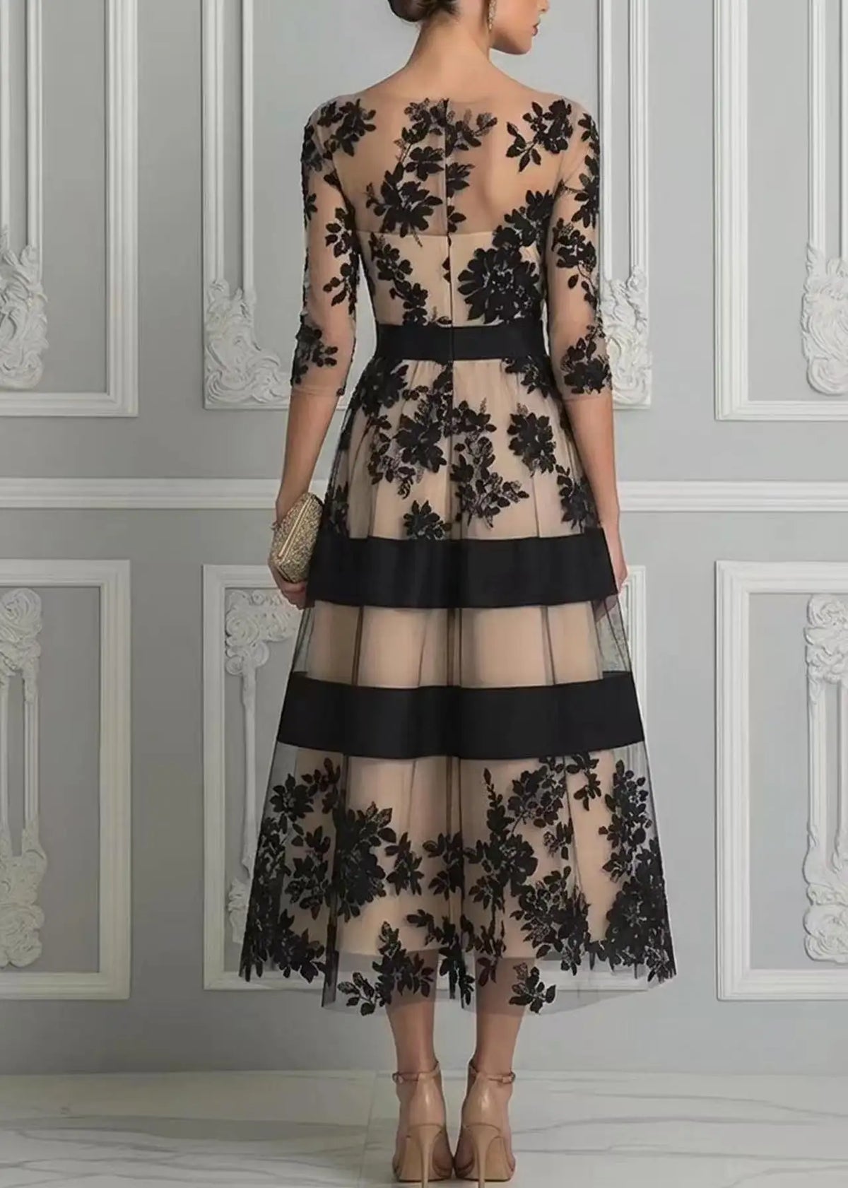 Women Elegant Mesh Midi Formal Dress, Off‑Shoulder 3/4 Sleeve Flocked Floral Stripe Waist‑Cinching Party Dress 2026 European Ame