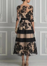 Women Elegant Mesh Midi Formal Dress, Off‑Shoulder 3/4 Sleeve Flocked Floral Stripe Waist‑Cinching Party Dress 2026 European Ame