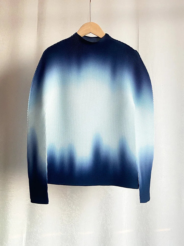 LANMREM Gradient Long Sleeves Women's Turtleneck Slim T Shirt Pleated Casual Female Fashion Clothes 2025 Spring New 2DC1065