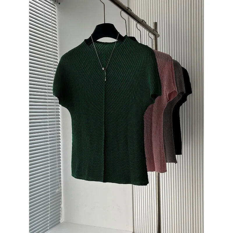 Miyake Pleated T-Shirt 2026 Luxurious Solid Pleats Short Sleeve T-Shirt Summer New Versatile Slim Elegant Round Neck Top Women