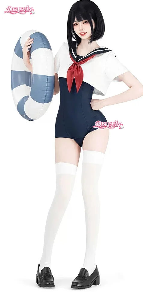 Summer Vacation Beach Swimming Outfit Cute Sweet Sailor Collar Short Sleeve Crop Top Bow Tie One-piece Bikini Swimsuit Set Women